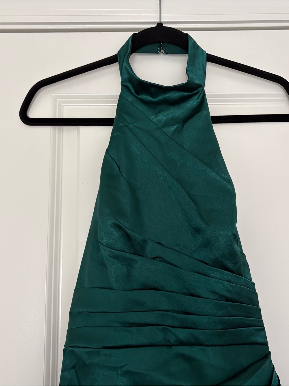 Azazie Women’s “Jenna” Emerald Sheath Pleated High-Neck Ruched Satin Dress - Picture 5 of 14
